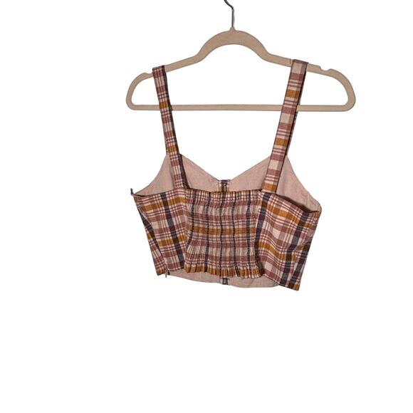 Zara Plaid Size Large Neutral Cropped Smocked Summer Vacation Retro Faux Buttons - Picture 2 of 7